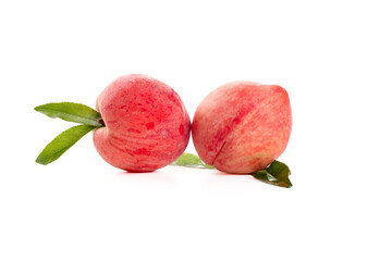 Fresh Summer Peaches with Leaves Isolated on White Background