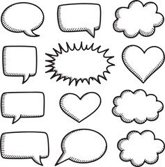 Collection of hand drawn speech bubbles and shapes in black and white illustration