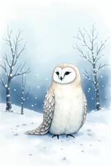 Snowy landscape with a charming owl standing amidst falling snowflakes in a serene winter setting