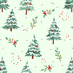 Festive winter scene with decorated pine trees and delicate leaves on a soft green background celebrating the holiday spirit