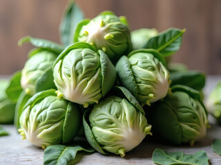 Fresh and vibrant brussels sprouts stacked beautifully with leaves in natural light on a rustic wooden surface