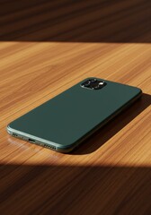 Smartphone rests on wood surface in studio lighting