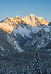 Mountains glow during hour in a winter landscape