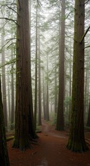 Forest path winds through redwood trees in a misty woodland