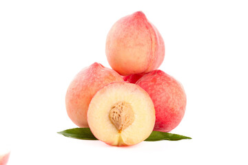 Fresh Ripe Peaches Cut in Half on White Background Summer Fruit