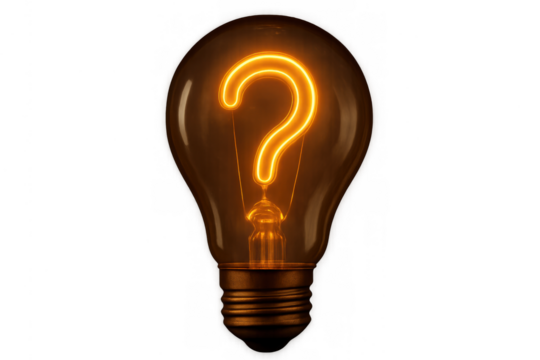 Light bulb with glowing question mark filament symbolizing problem, idea, curiosity, and solution concept