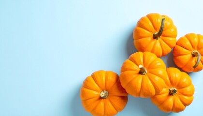 Mini Pumpkins on Light Blue Background, Autumn Harvest.