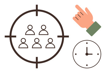 Group of people in a crosshair, pointing hand, clock icon. Ideal for focus, accuracy, productivity, teamwork, decision-making time management goal setting. Simple flat metaphor