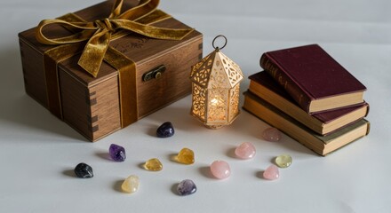Gift box radiates warmth with crystals and books in still life