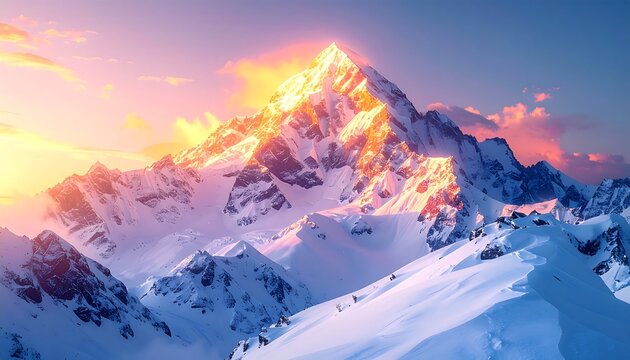 Majestic snow-capped mountain peak at sunset, glowing with warm, golden light against a vibrant sky