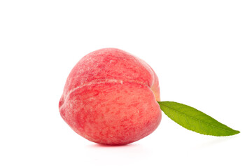 Fresh Summer Peach with Green Leaf Isolated on White Background - Organic Fruit Photo