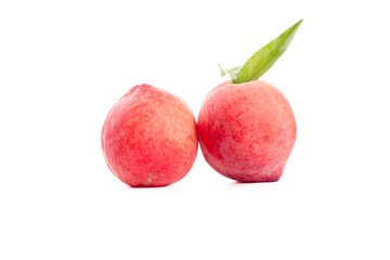 Fresh Ripe Peaches with Green Leaf on White Background - Summer Fruit Crop
