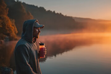 Serene Early Morning Reflection by the Water with a Warm Beverage