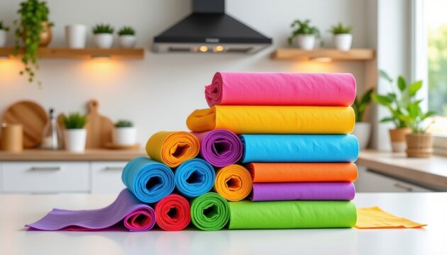 Colorful exercise mats stacked in a modern kitchen vibrant interior scene bright and cheerful environment