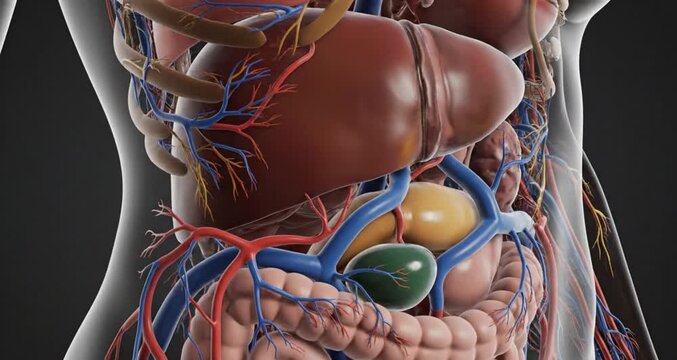 Close up of the human internal organs, including the liver, intestines, and other vital parts of the body