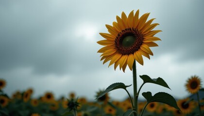 A closeup of a vibrant sunflower nature field macro photography cloudy sky upward angle floral beauty