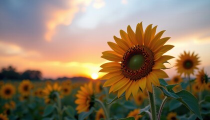 Fototapeta premium Isolated sunflower at sunset in a field nature photography calm environment with vibrant colors
