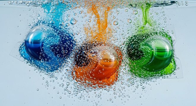 Three laundry pods dissolving in water with splashes