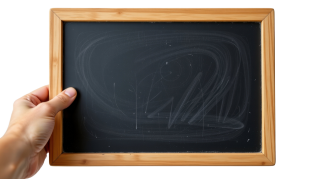 Hand holding empty black chalkboard close-up classroom setting educational concept minimalist environment