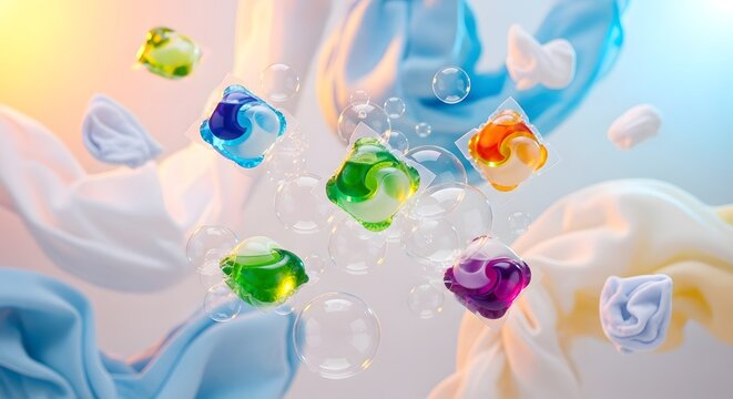 Colorful laundry detergent pods floating with fabric and bubbles