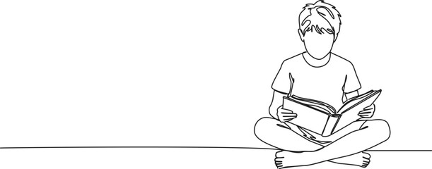 continuous line drawing of boy sitting of floor reading book, line art vector illustration