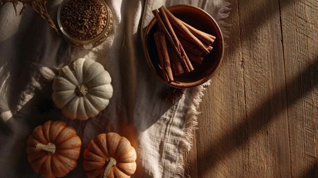 Autumn flatlay 3D animation with pumpkins, cinnamon, and copy space. Cozy Thanksgiving ingredients background. Seamless loop.
