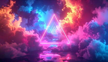 Glowing neon triangles recede into a horizon of vibrant clouds