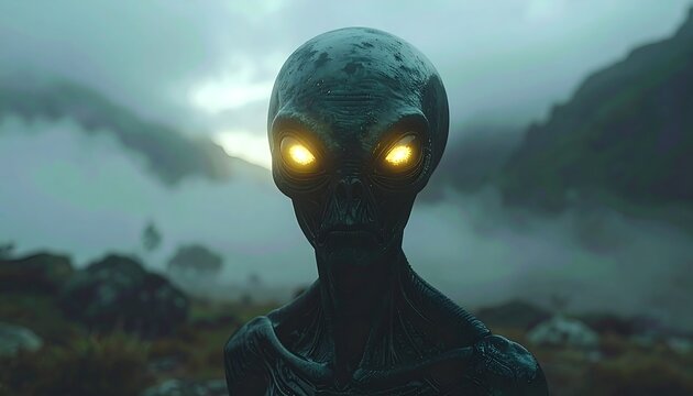 Grey alien with glowing eyes amidst misty mountains, evoking a sense of mystery and otherworldly presence