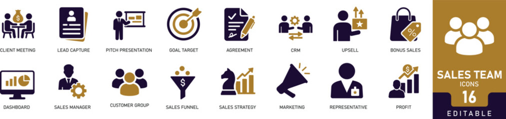 Flat fill icons representing sales team, teamwork, strategy, planning, growth, and business success. Editable vector set for marketing, management, and corporate presentations.