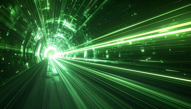 Green-lit tunnel with light streaks speeding forward towards an unknown destination, creating a futuristic sensation
