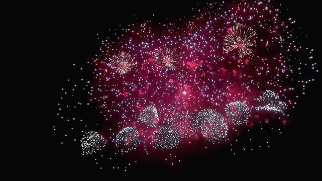 Witness a dazzling fireworks display lighting up the night sky. Red and white pyrotechnics burst into incredible patterns in a grand Independence Day celebration.