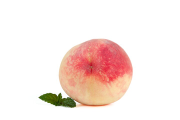 Fresh Summer Peach with Mint Leaves Isolated on White Background