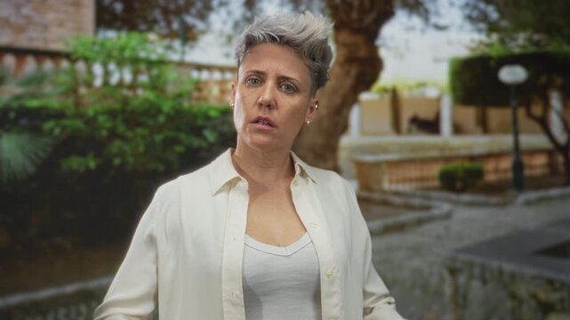Woman in plain white shirt with short grey hair raises arms revealing bare chest in building; defiance.