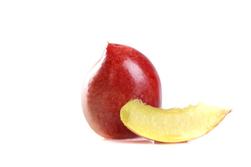 Fresh Cut Australian Peach and Plum Showing Yellow Flesh on White Background