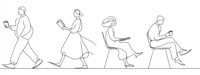 Fototapeta premium Charming Scenes of People Engaged in Daily Activities Such as Walking and Reading in a Minimalist Style