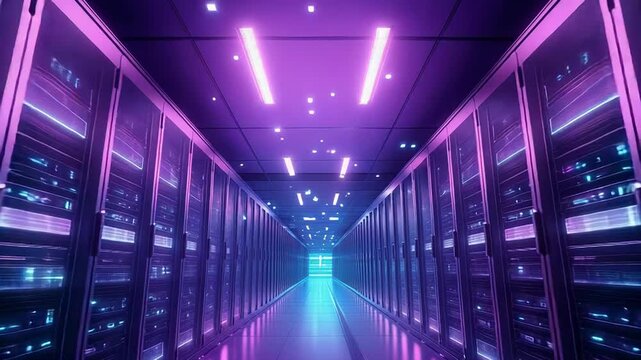 Server racks glowing with purple neon in a futuristic data center