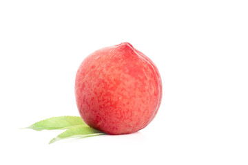 Fresh Red Peach with Green Leaves Isolated on White Background - Summer Fruit