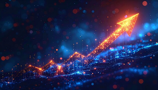 Glowing orange arrow points upwards against a background of blue and red bokeh with raised particle effect