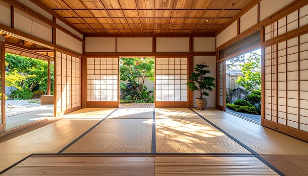 Light filters into an empty Japanese room with tatami mats and sliding doors leading to a lush green garden