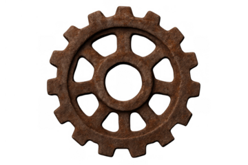 Rusty metal cogwheel representing industrial power, teamwork, connection, and mechanical progress on transparent background