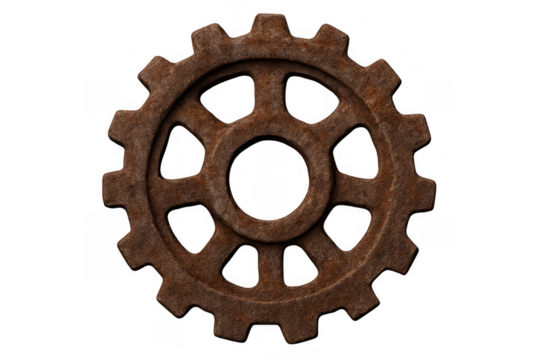 Rusty metal cogwheel representing industrial power, teamwork, connection, and mechanical progress on transparent background