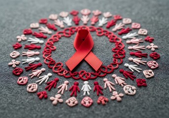 Red ribbon surrounded by embroidered figures for aids awareness campaign