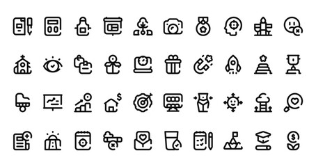 40 set of outline web goals for the year icons such as scale, camera, church, gift, piano, mood board, newspaper vector thin icons for report, presentation, diagram, web design, mobile app
