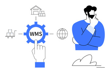 WMS gear surrounded by warehouse, cart, and globe symbols. Person thinking beside gear. Ideal for logistics, supply chain, technology, management organization strategy warehouse. Simple flat