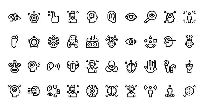 40 set of outline web sensorial icons such as sensory, ear, feet, sensory, rattle, view, sensory vector thin icons for report, presentation, diagram, web design, mobile app