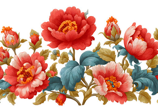 Seamless pattern with stylized ornamental flowers in retro, vintage style. Jacobin embroidery. Colored vector illustration isolated on white background.