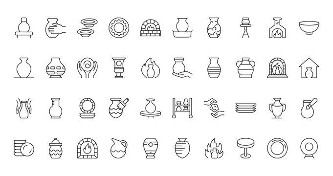 40 set of outline web pottery and ceramic icons such as pottery, pottery, vase, shelf, dish vector thin icons for report, presentation, diagram, web design, mobile app