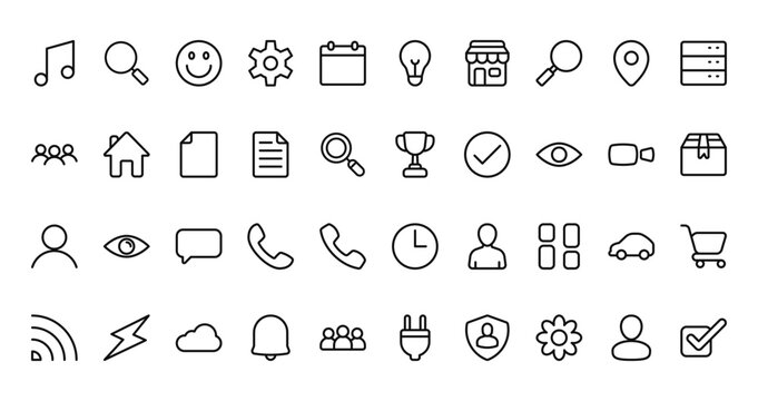 40 set of outline web ui icons such as search, light bulb, community, trophy, user, clock,   vector thin icons for report, presentation, diagram, web design, mobile app