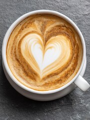 Latte art heart in white cup on gray slate background overhead close up coffee drink beverage