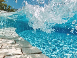 Swimming pool water splash half underwater view from the side with stone edge and blue sky summer day